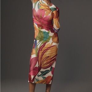 Farm Rio Long-Sleeve Mock-Neck Mesh Slim Midi Dress NWT Large